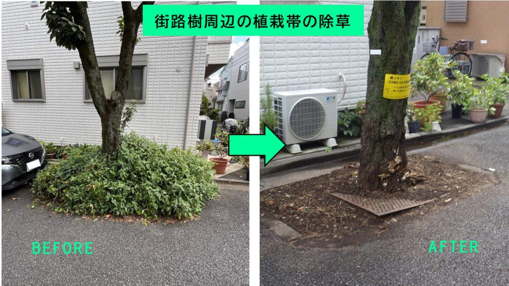 街路樹周辺の植栽帯の除草